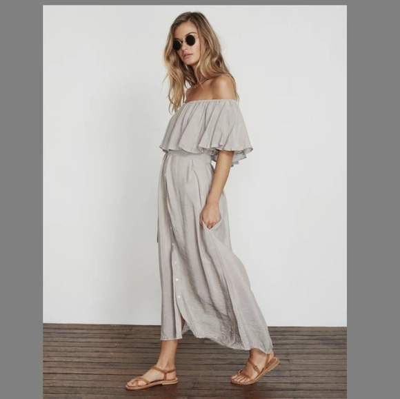 FAITHFULL Majorca Cascais Striped Maxi Dress Off the Shoulder Button Down Belted